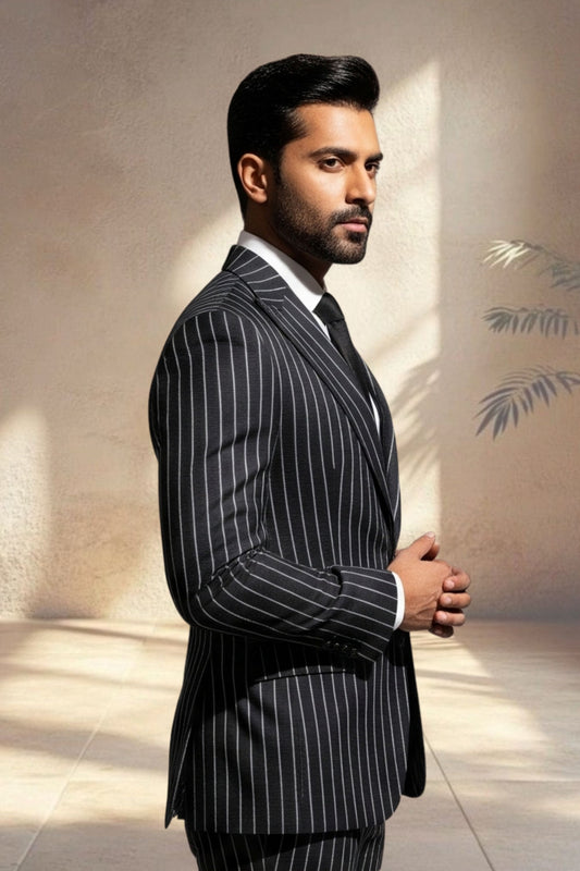 Man wearing a striped suit standing against a neutral wall.