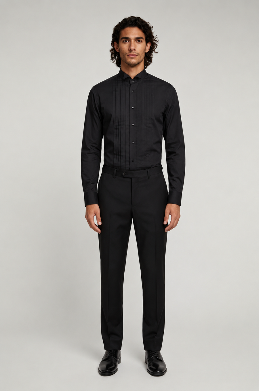 Blutailor Black Wingtip collared Pleated Tuxedo Shirt