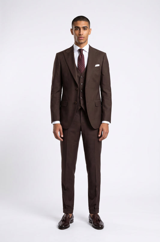 Men's Blutailor Windsor Brown 3-Piece Suit crafted from premium 100% Worsted Wool, featuring a rich brown finish, tailored blazer, matching waistcoat, and formal trousers for timeless elegance and refined formal sophistication.