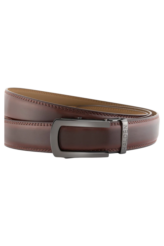 Brown leather belt with a silver buckle on a white background