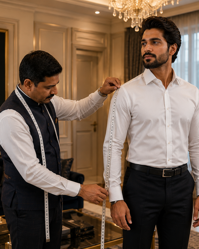 Tailor measuring a customer's shirt collar in a high-end clothing store.