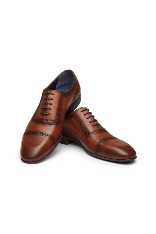 Pair of brown leather dress shoes on a white background