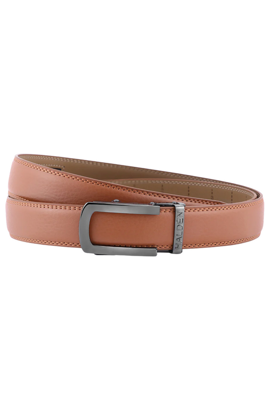 Tan leather belt with a silver buckle on a white background