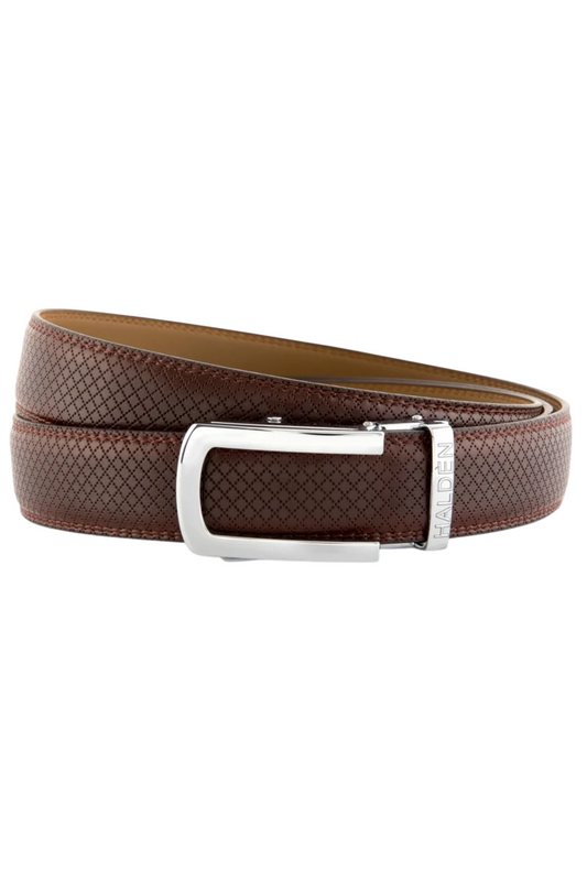 Brown woven belt with a silver buckle on a white background