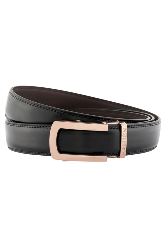 Black belt with a rose gold buckle on a white background