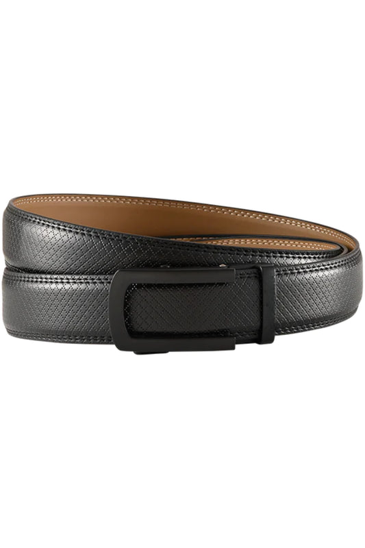 Black textured belt with a brown interior on a white background