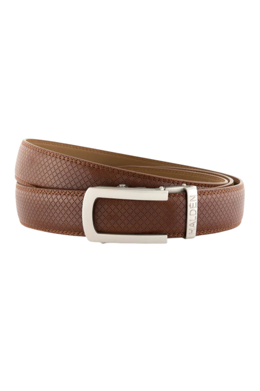 Brown textured belt with silver buckle on a white background