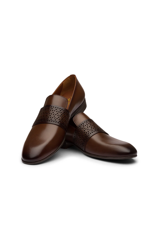 Pair of brown leather shoes on a white background