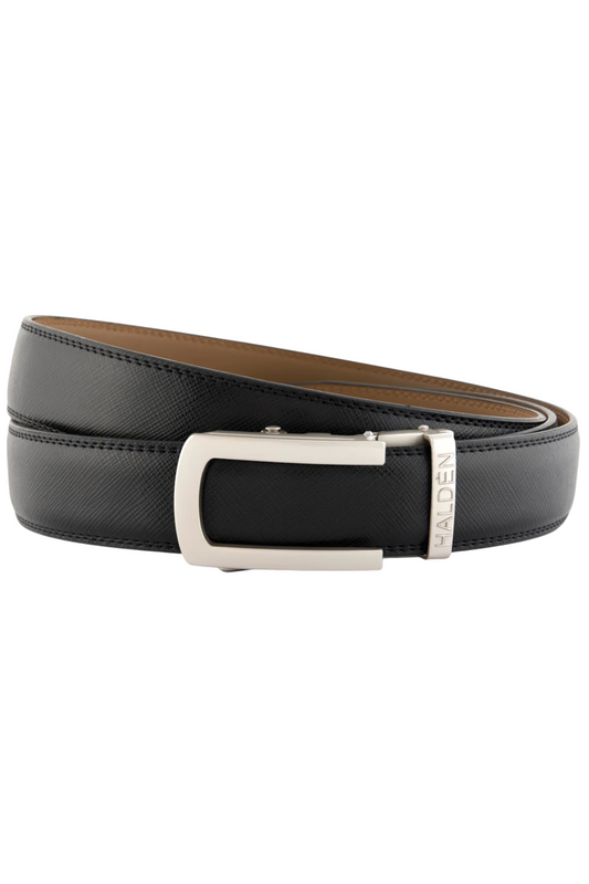 Black leather belt with silver buckle on a white background