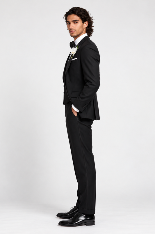 Elevate your style with this classic three-piece black tuxedo, featuring a tailored fit, sleek lapels, and a sophisticated vest. Perfect for formal occasions, this timeless ensemble exudes elegance and confidence.