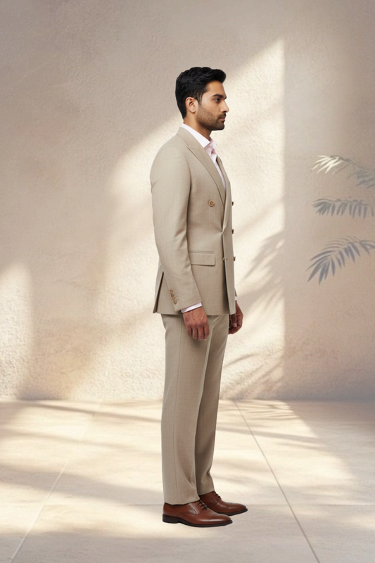 Man wearing a beige suit standing in a well-lit room with a neutral background