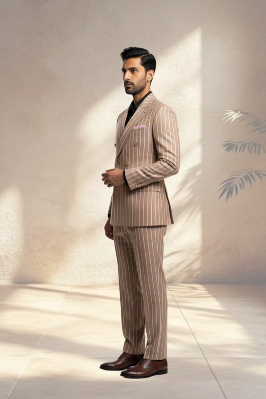 Man wearing a beige pinstripe suit standing against a light background