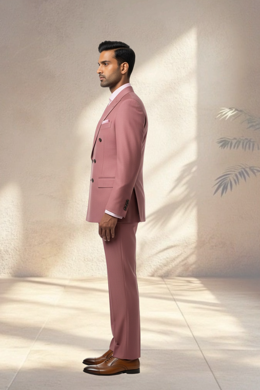 Man wearing a pink suit standing against a light background