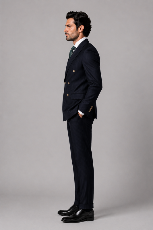 Blutailor Signature Midnight Blue Pinstripe 2 piece Double Breasted Half Canvas suit