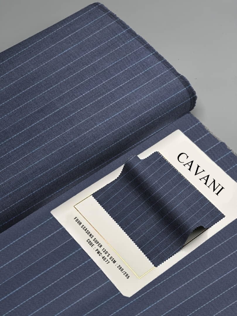 Roll of blue pinstripe fabric with a Cavani label on a gray background