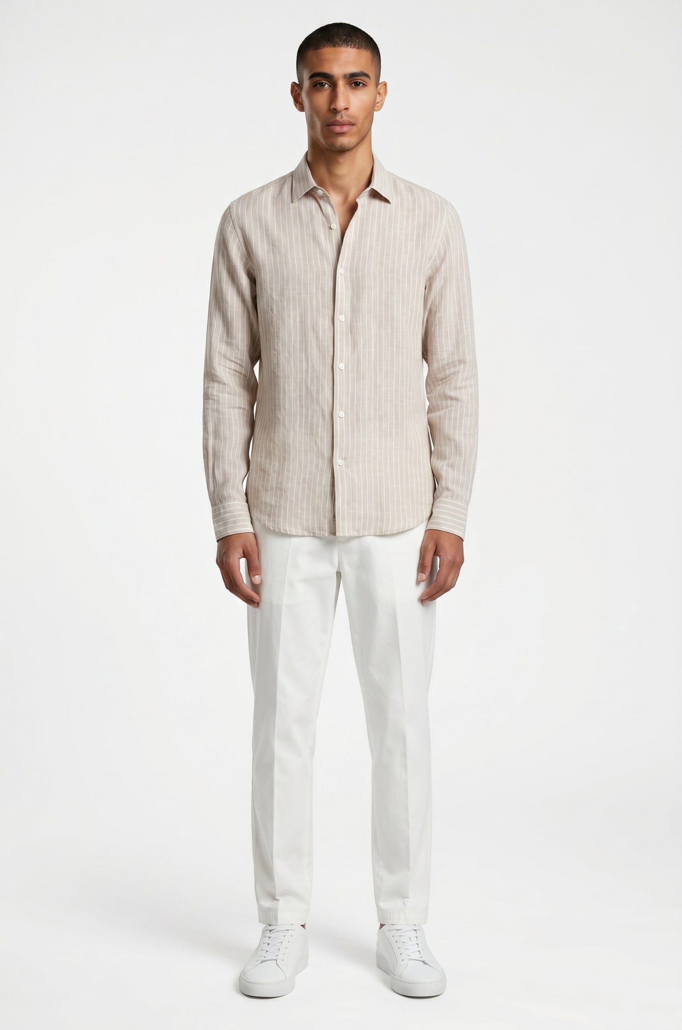 Blutailor beige pinstripe linen shirt in premium breathable fabric with a custom tailored fit, designed for a clean, lightweight, and refined summer look.