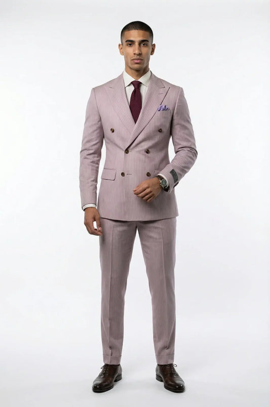 2-Piece Double Breasted Peach Pinstripe Suit – a refined peach-toned ensemble featuring a custom tailored double-breasted blazer with subtle pinstripes and matching trousers, crafted for a sharp, contemporary silhouette and elevated formal style.