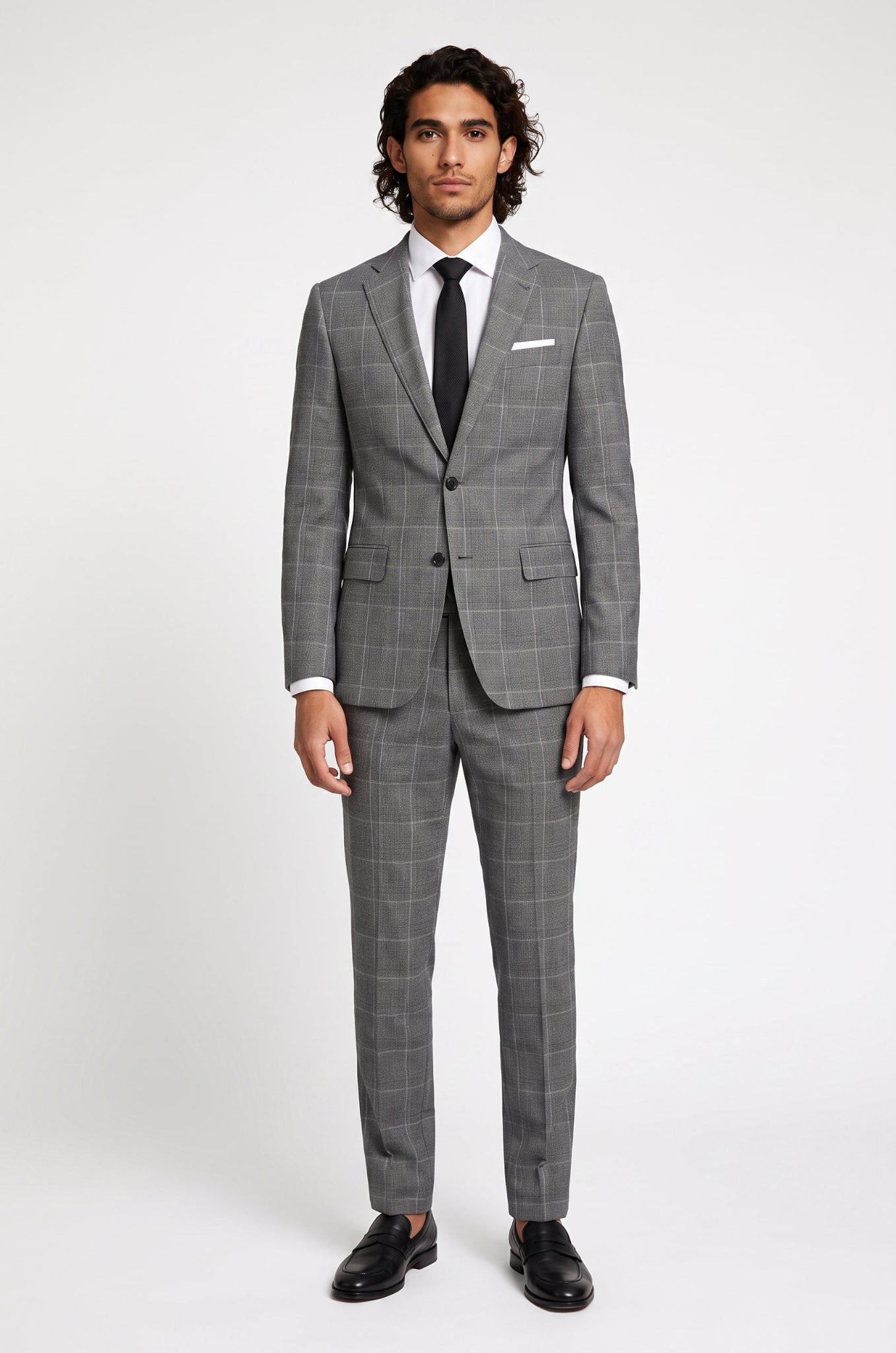 Men's Blutailor Ash Grey Windowpane 2-Piece Suit from the Luxury Collection, crafted from premium 100% Worsted Wool, featuring a refined ash grey windowpane check, tailored blazer, and matching formal trousers for timeless elegance and sophisticated formal wear.