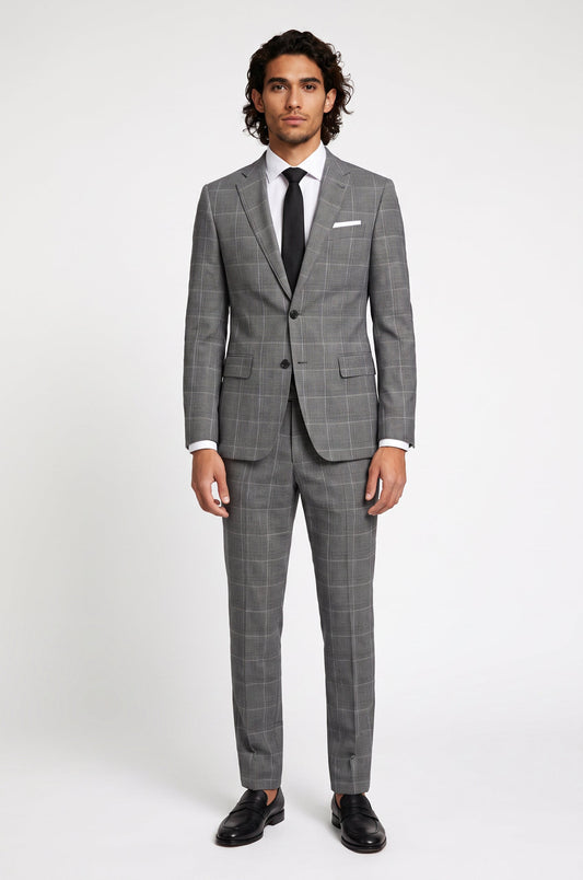 Men's Blutailor Ash Grey Windowpane 2-Piece Suit from the Luxury Collection, crafted from premium 100% Worsted Wool, featuring a refined ash grey windowpane check, tailored blazer, and matching formal trousers for timeless elegance and sophisticated formal wear.