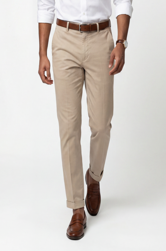 Blutailor beige chino trousers in premium fabric with a custom tailored fit, designed for smart casual wear in a versatile neutral tone.