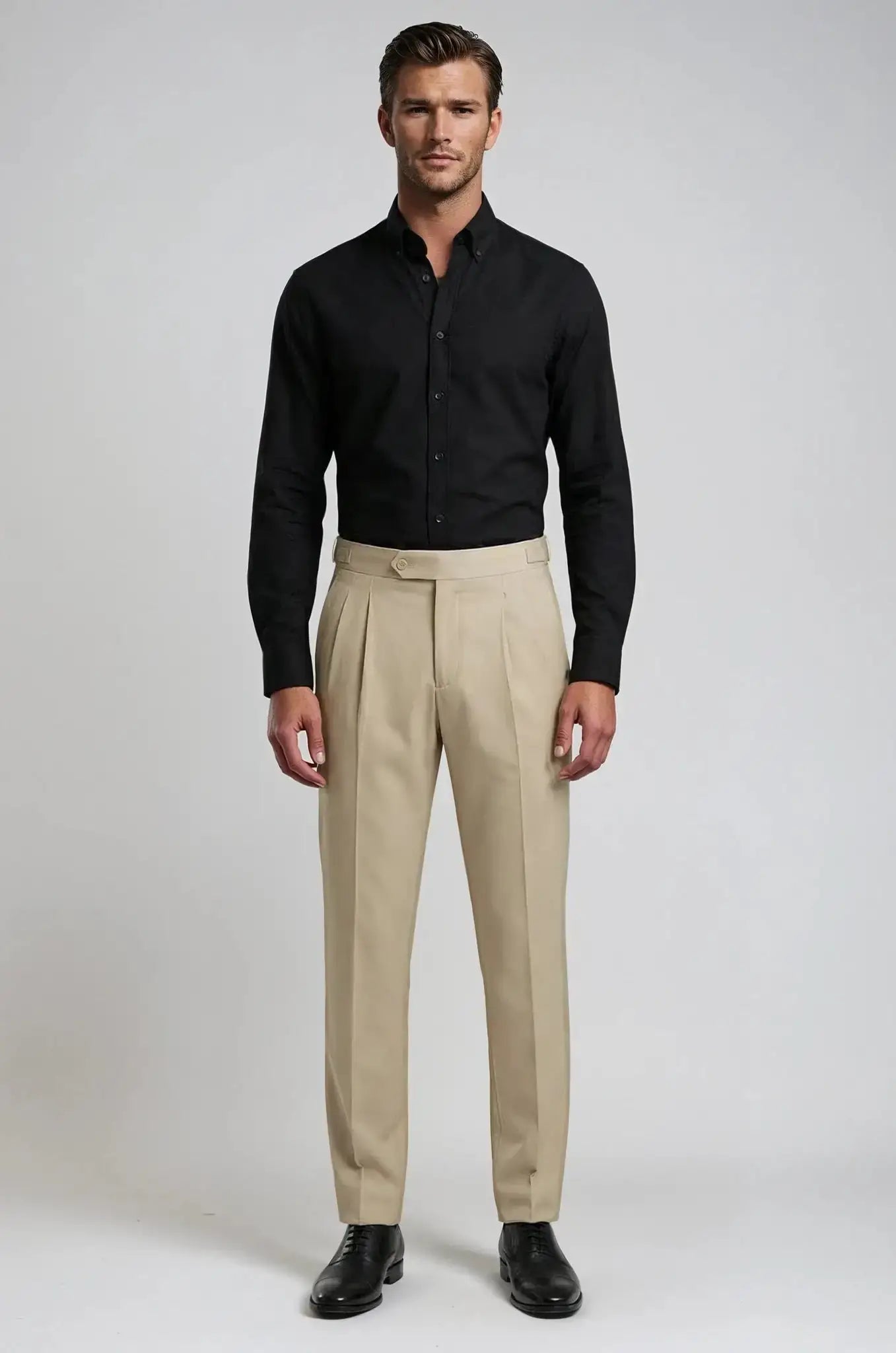 Blutailor Beige Gurkha Pant – a sophisticated beige trouser featuring a bespoke high-waisted Gurkha design with adjustable side tabs, tailored for a sharp, structured fit and timeless elegance.