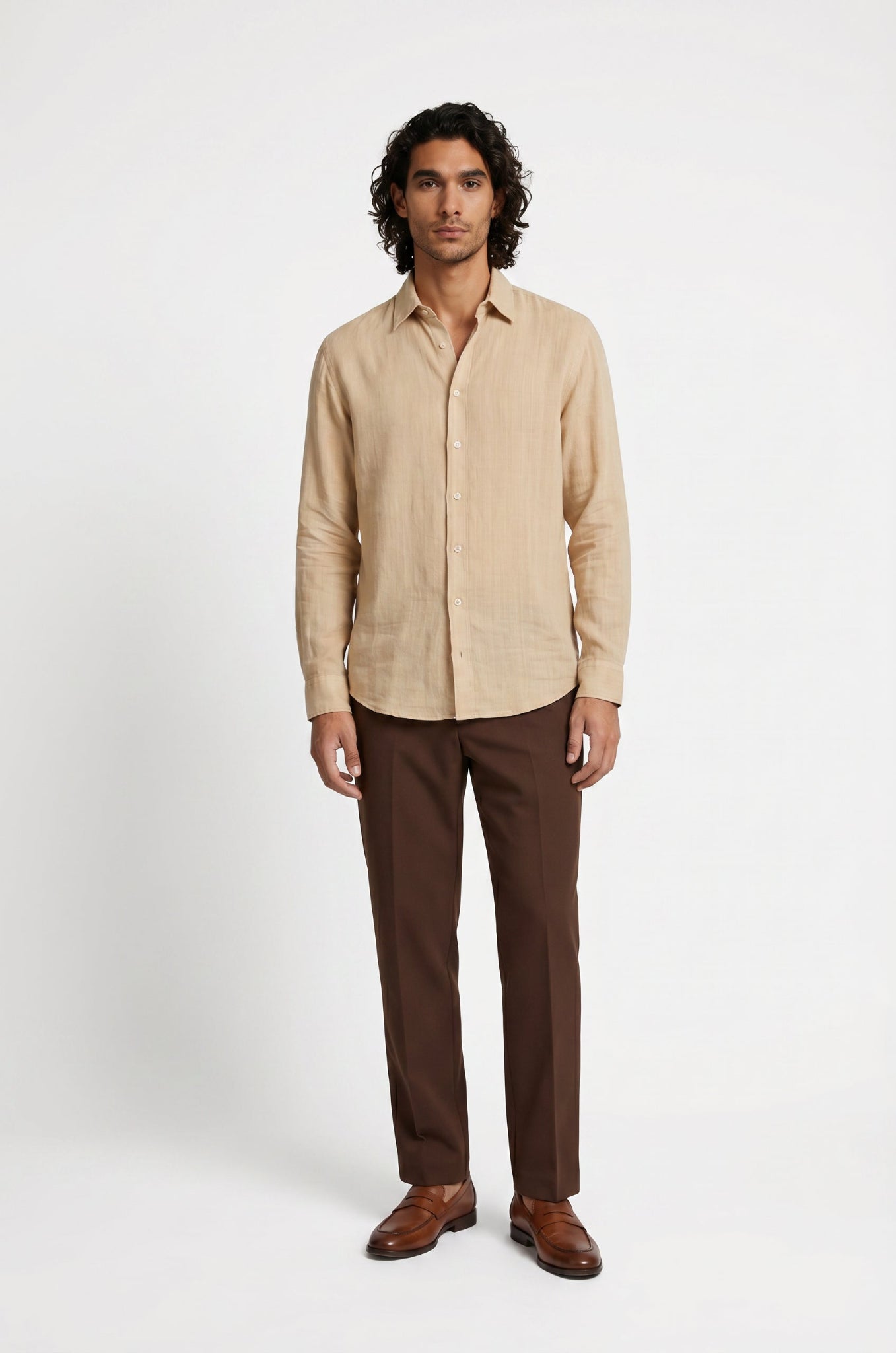 Blutailor beige linen shirt in breathable premium linen with a custom tailored fit, designed for a relaxed, airy, and polished summer look.