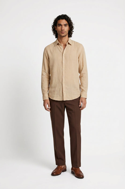 Blutailor beige linen shirt in breathable premium linen with a custom tailored fit, designed for a relaxed, airy, and polished summer look.