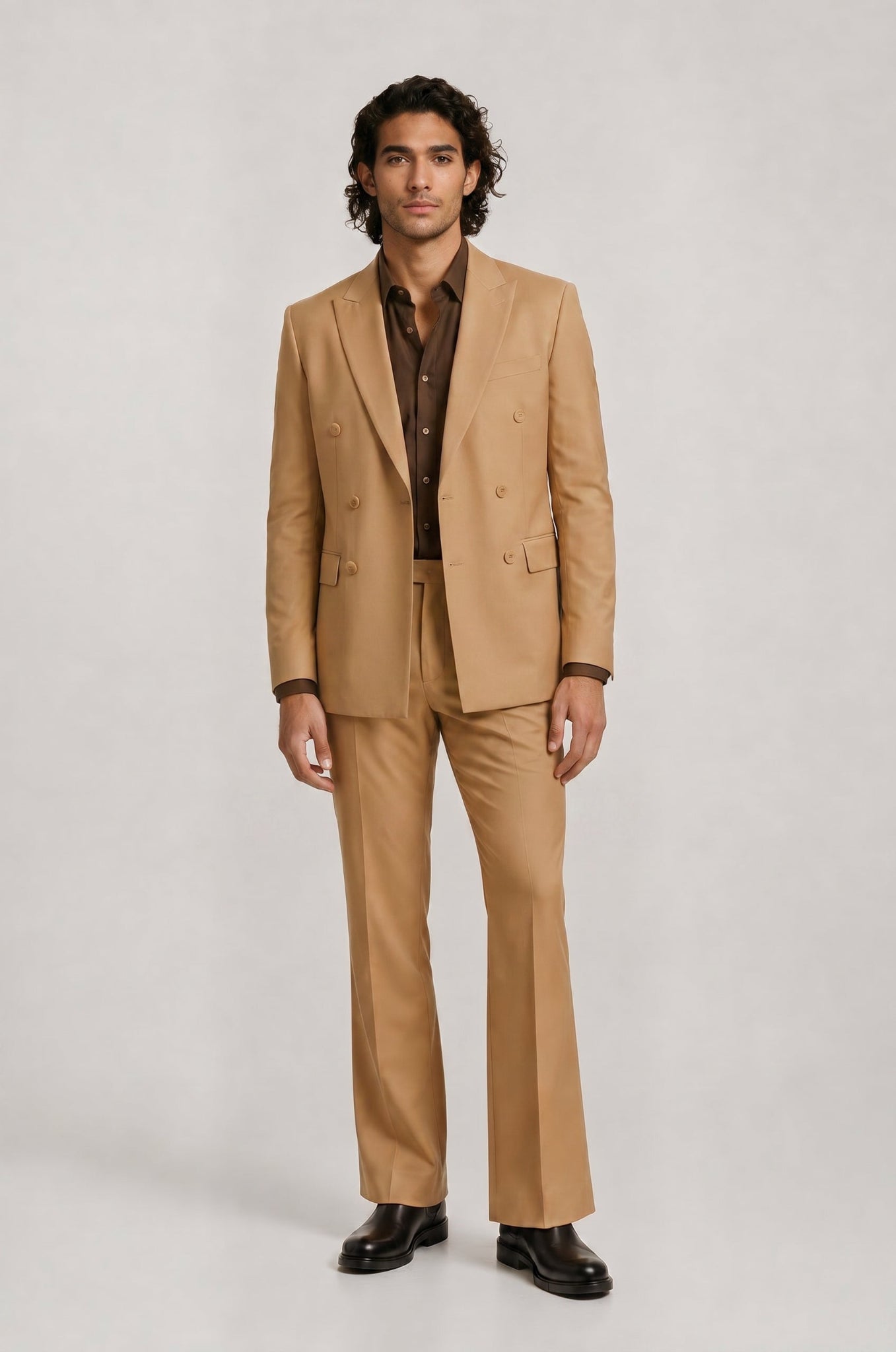 Blutailor bell bottoms double-breasted suit in premium fabric with a custom tailored fit, featuring a structured blazer and subtle flared trousers for a sharp, contemporary look.