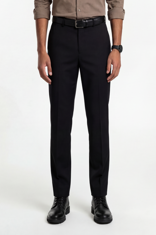 Blutailor black chino trousers in premium fabric with a bespoke tailored fit, designed for versatile smart casual wear with a sleek, modern look.