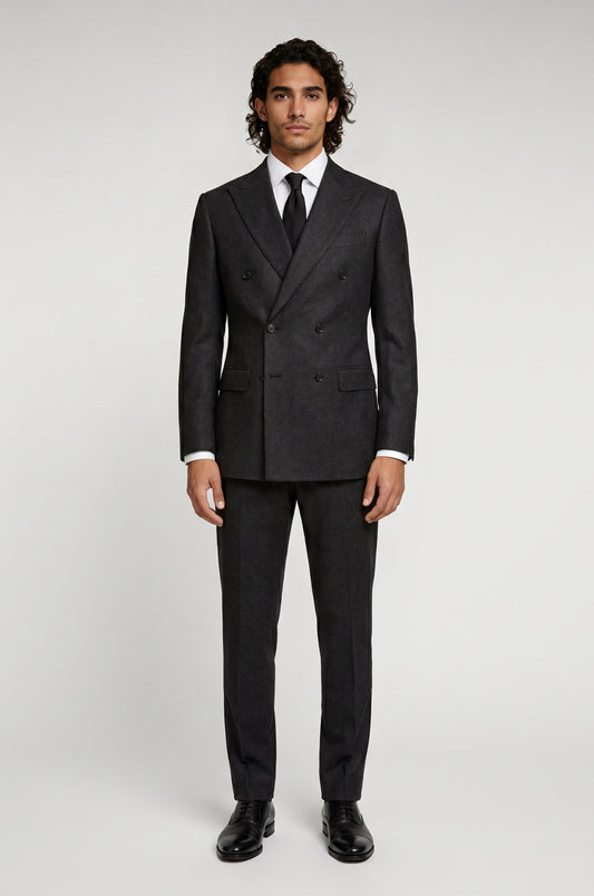 Men's Blutailor Black Double-Breasted Suit crafted from premium terry rayon fabric, featuring a classic black finish, double-breasted blazer with peak lapels, matching tailored trousers, structured silhouette, and refined craftsmanship, ideal for business wear, weddings, black-tie events, formal occasions, and sophisticated evening dressing.