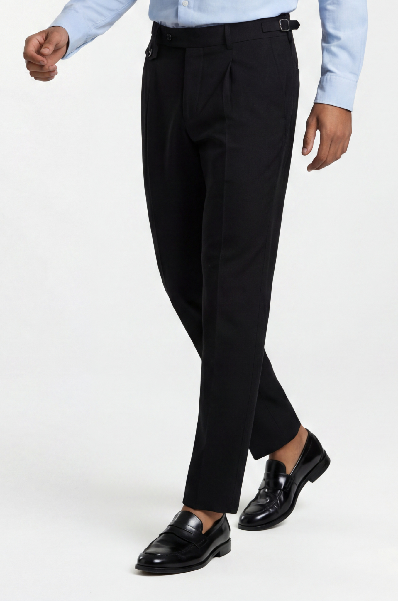 Blutailor black Gurkha trousers in premium fabric with a custom tailored fit, featuring high-waist design and adjustable side tabs for a refined, structured look.