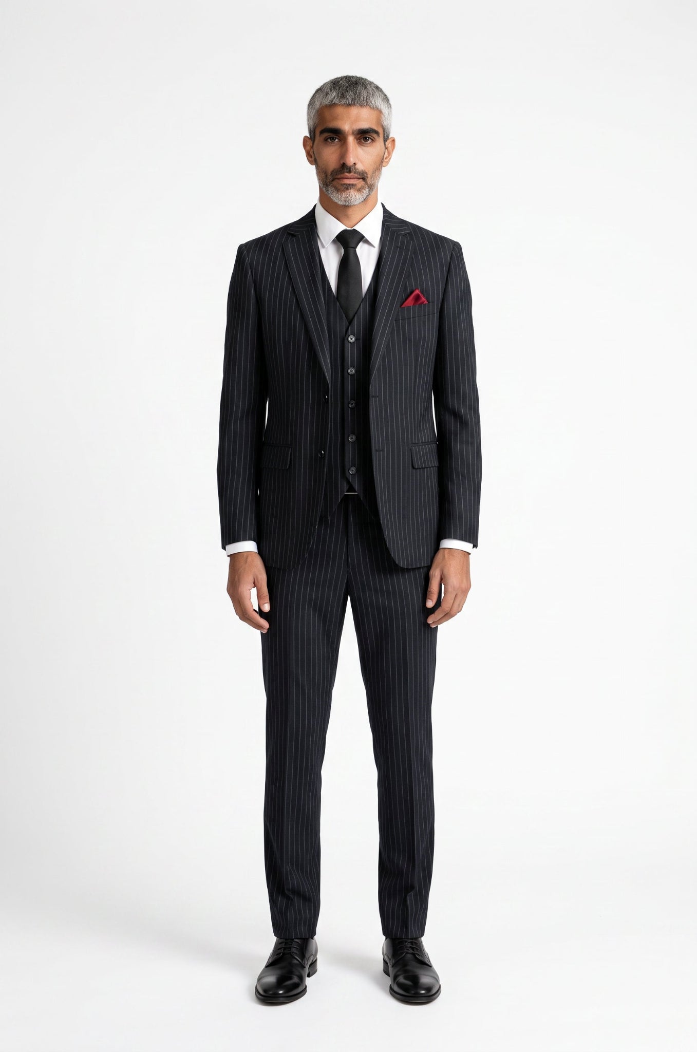 Men's Blutailor Black Pinstripe 3-Piece Suit crafted from premium 100 Count Terry Wool fabric, featuring refined pinstripes, a tailored blazer, matching waistcoat, and formal trousers for timeless elegance and sophisticated formal wear.