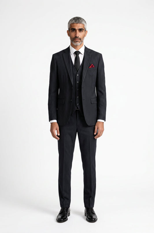 Men's Blutailor Black Pinstripe 3-Piece Suit crafted from premium 100 Count Terry Wool fabric, featuring refined pinstripes, a tailored blazer, matching waistcoat, and formal trousers for timeless elegance and sophisticated formal wear.