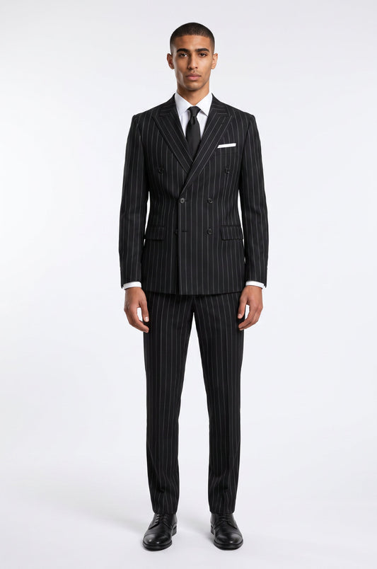 Men's Blutailor Black Pinstripe Double-Breasted Suit in premium 100 Count Terry Wool fabric, featuring refined pinstripes, sharp peak lapels, and matching tailored trousers for timeless formal elegance.