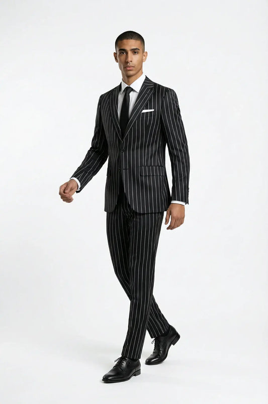 Blutailor Black Striped Formal 2-Piece Suit – a sleek black ensemble featuring subtle stripe detailing, a bespoke tailored blazer, and matching trousers, crafted for a sharp, refined silhouette ideal for formal and business occasions.