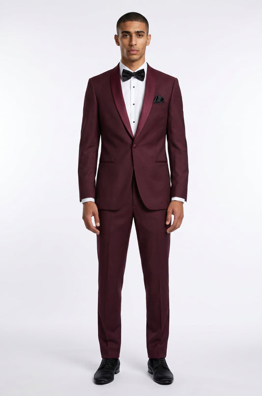 Blutailor Bordeaux Luxe 2 piece tuxedo in premium fabric with a custom tailored fit, featuring a sleek blazer and matching trousers for a bold and sophisticated formal look.