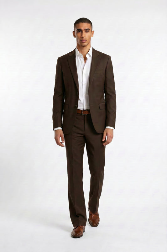 Blutailor chocolate brown bell bottom 2 piece suit in premium fabric with a custom tailored fit, featuring a structured blazer and subtle flared trousers for a refined, modern look.
