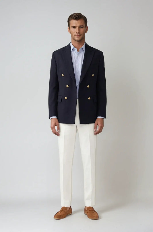 Blutailor Classic Double Breasted Navy Blazer – a timeless navy blazer featuring a bespoke tailored double-breasted silhouette, crafted for sharp structure and refined formal sophistication.