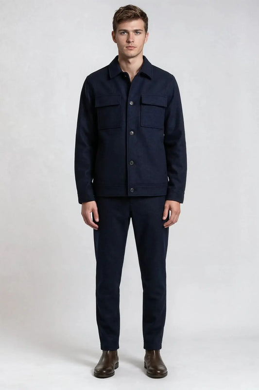 Blutailor Classic Navy Shacket – a refined navy overshirt featuring a bespoke tailored fit, crafted for versatile layering, elevated comfort, and timeless smart-casual sophistication.