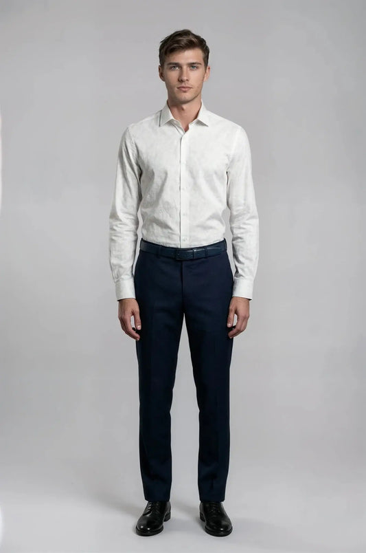 Blutailor Classic Navy Trouser – a timeless navy trouser featuring a custom tailored fit with a clean, structured silhouette, crafted for refined formal and smart occasion wear.
