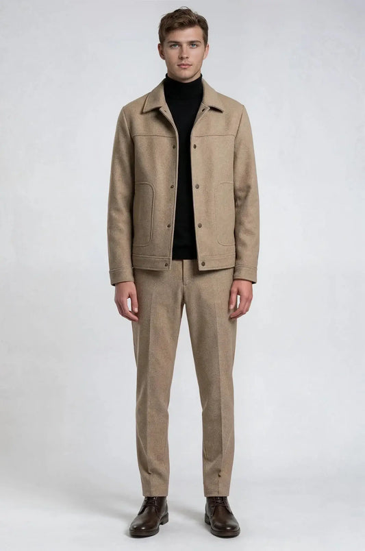 Cotton Beige Shacket – a refined beige overshirt crafted in soft cotton, featuring a bespoke tailored fit that blends relaxed comfort with elevated smart-casual sophistication.