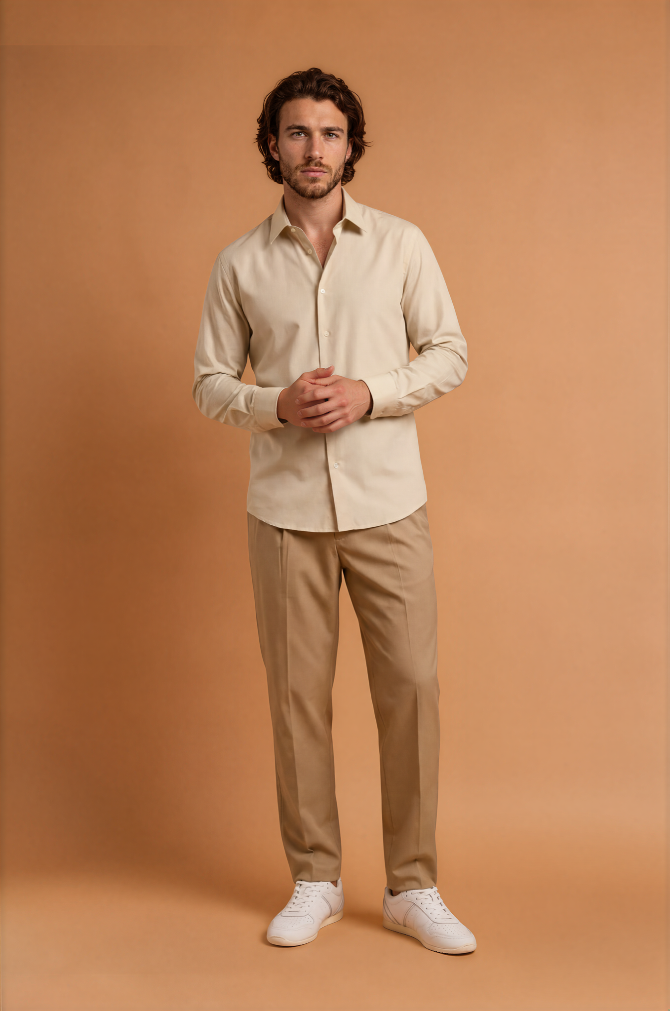 Blutailor cream cotton summer shirt in premium lightweight fabric with a custom tailored fit, featuring a breathable finish and refined styling for an elegant smart casual look.