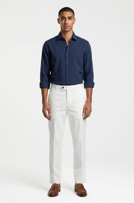 Blutailor Dark Blue seersucker shirt in premium seersucker fabric with a custom tailored fit, featuring a lightweight textured finish and breathable construction for a refined and sophisticated smart-casual look.