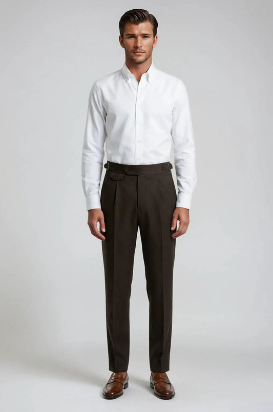 Blutailor Dark Brown Gurkha Pants – a sophisticated dark brown trouser featuring a custom high-waisted Gurkha design with adjustable side tabs, tailored for a sharp, structured fit and timeless elegance.