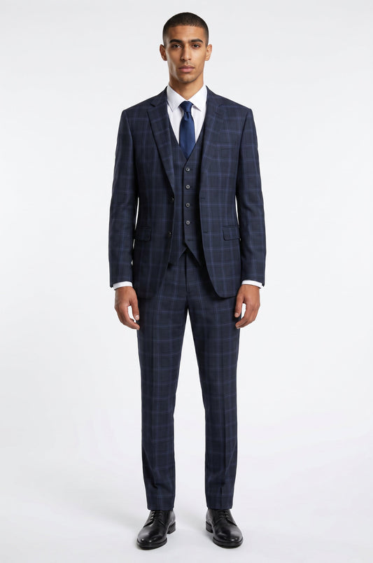 Blutailor Graphite Indigo Checkered 3 piece suit in premium fabric with a custom tailored fit, featuring a tailored blazer, matching waistcoat, and trousers with a refined checkered pattern for a sophisticated formal look.