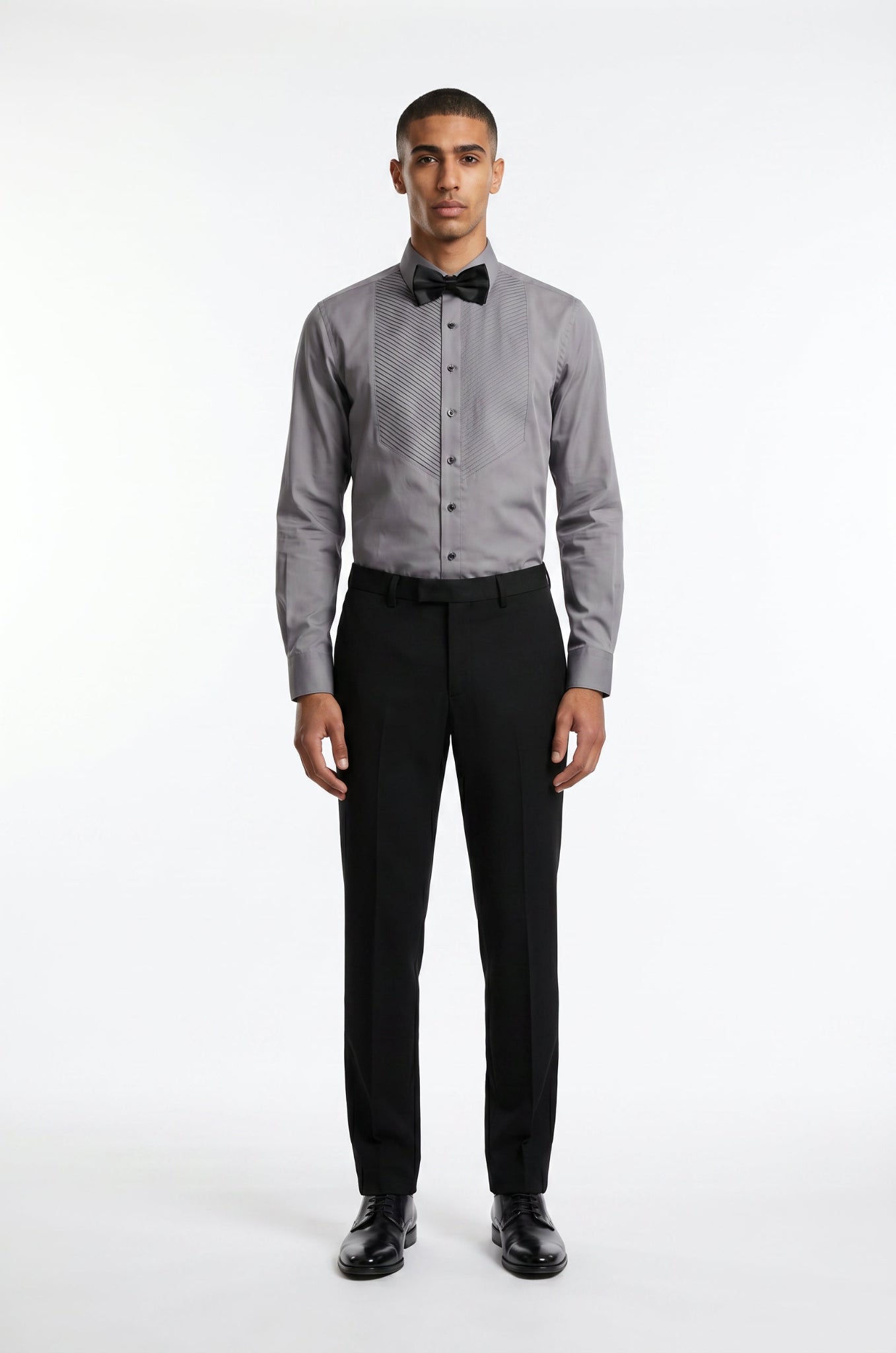 Blutailor grey fly front pleated shirt in premium fabric with a custom tailored fit, featuring concealed button detailing and elegant pleats for a sleek and sophisticated formal look.