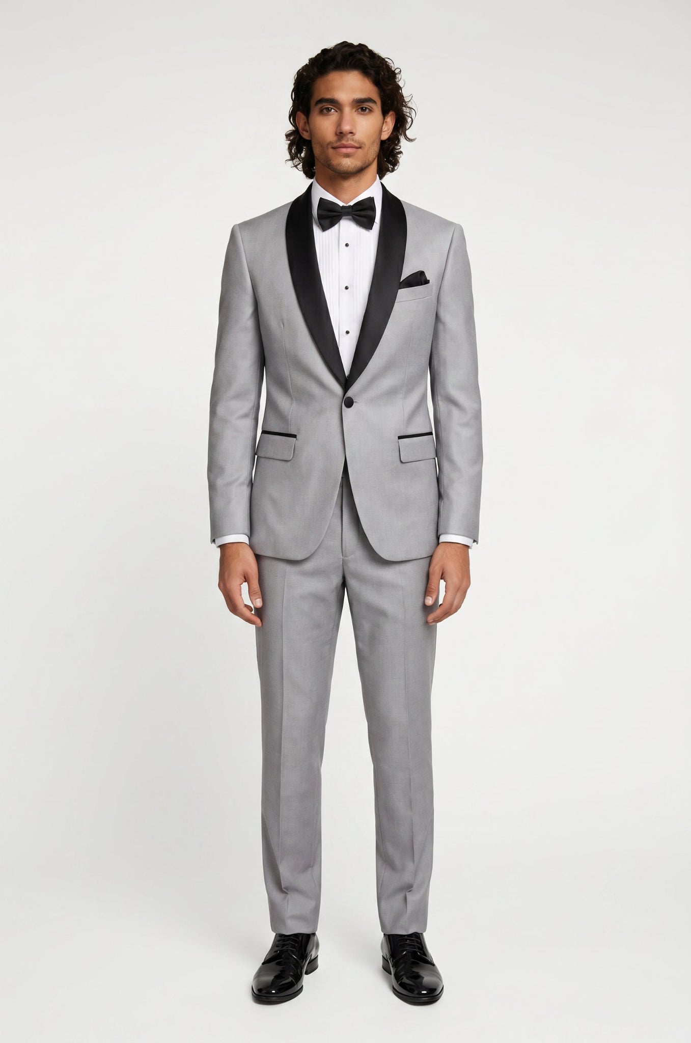 Blutailor grey shawl lapel tuxedo in premium fabric with a custom tailored fit, featuring a sleek silhouette and refined detailing for a sophisticated formal look.