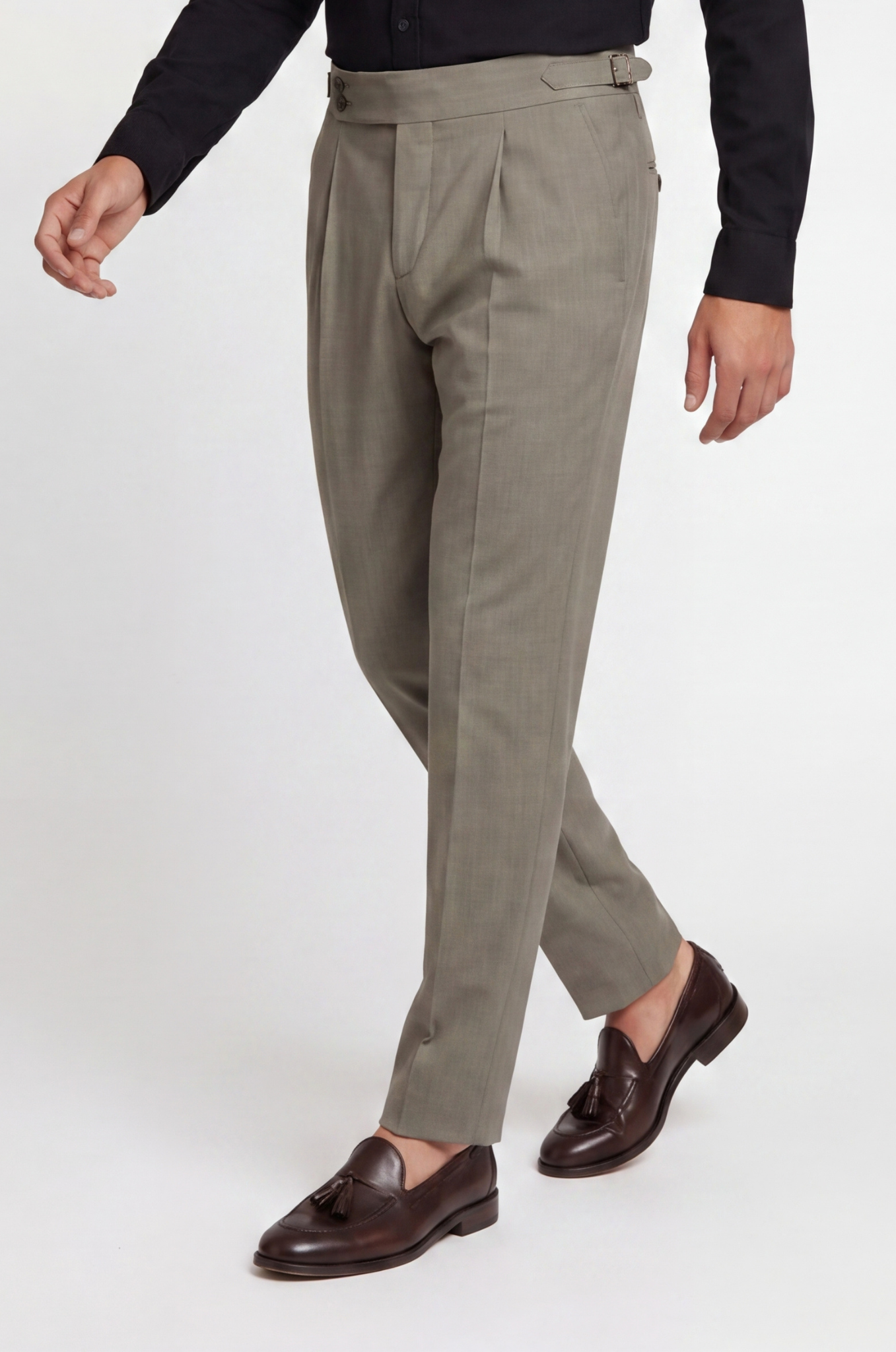 Blutailor gunmetal grey Gurkha pant in premium fabric with a custom tailored fit, featuring a sleek modern tone, high-waist design, and adjustable side tabs for a structured, refined look.