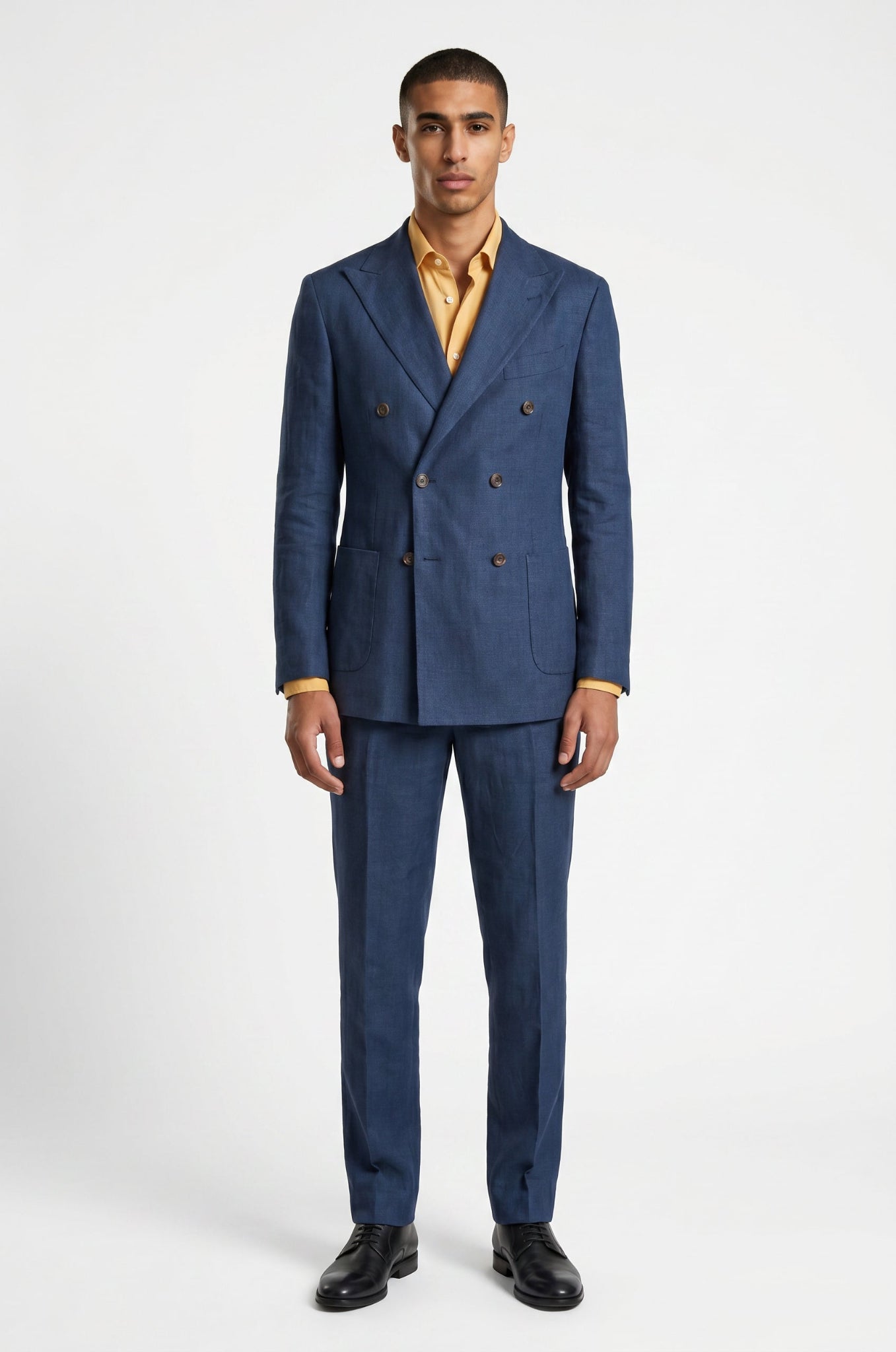 Blutailor Imperial Navy linen 2 piece suit in premium breathable linen fabric with a custom tailored fit, featuring a sleek blazer and matching trousers for a sharp and sophisticated summer look.