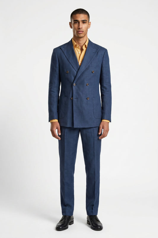 Blutailor Imperial Navy linen 2 piece suit in premium breathable linen fabric with a custom tailored fit, featuring a sleek blazer and matching trousers for a sharp and sophisticated summer look.